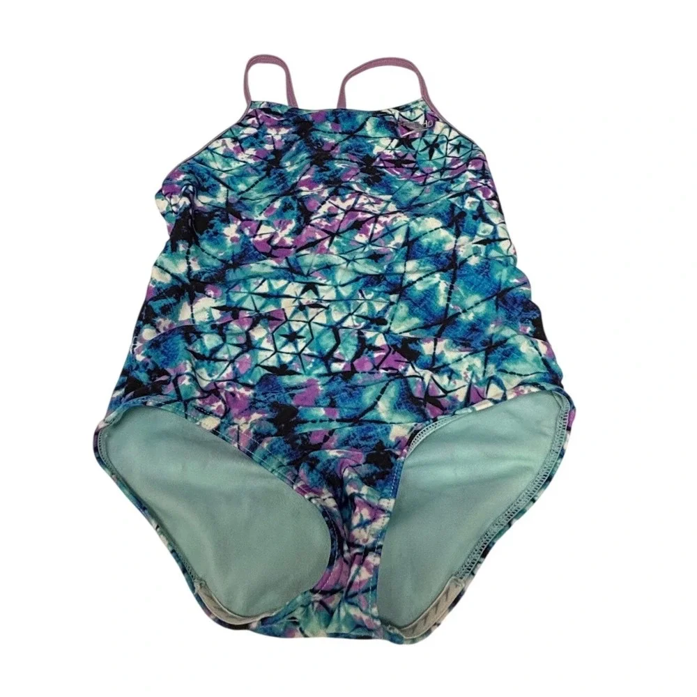Speedo Girls One Piece Swimsuit Blue Purple Geometric Tie Dye Athletic 6/7